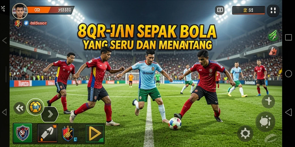 Screenshot utama menampilkan aksi pemain dalam permainan sepak bola yang mendebarkan.
