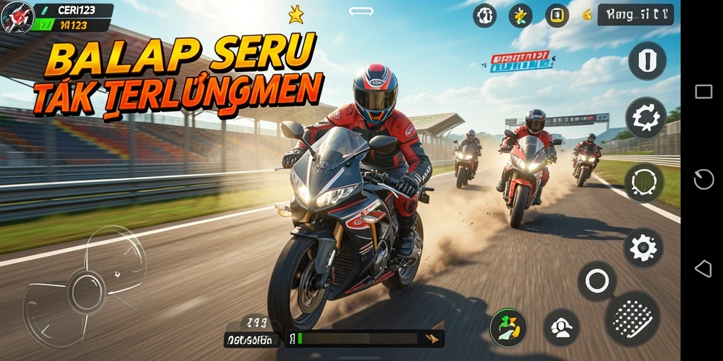 Gameplay seru CERI123 dengan balapan motor yang mendebarkan.