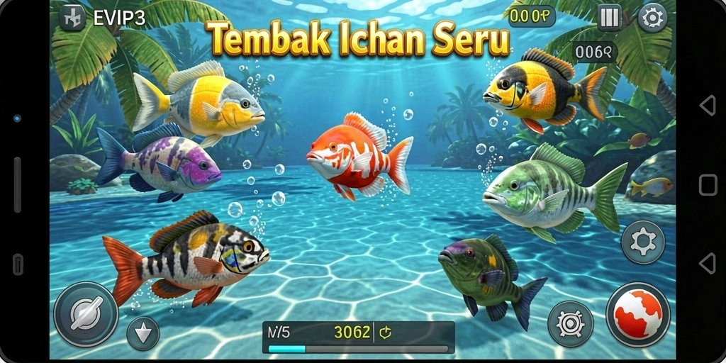 Screenshot menunjukkan aksi seru menembak ikan di EVIP3.