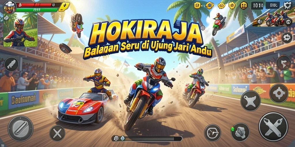 Tampilan seru dari gameplay balapan HOKIRAJA dengan mobil cepat.