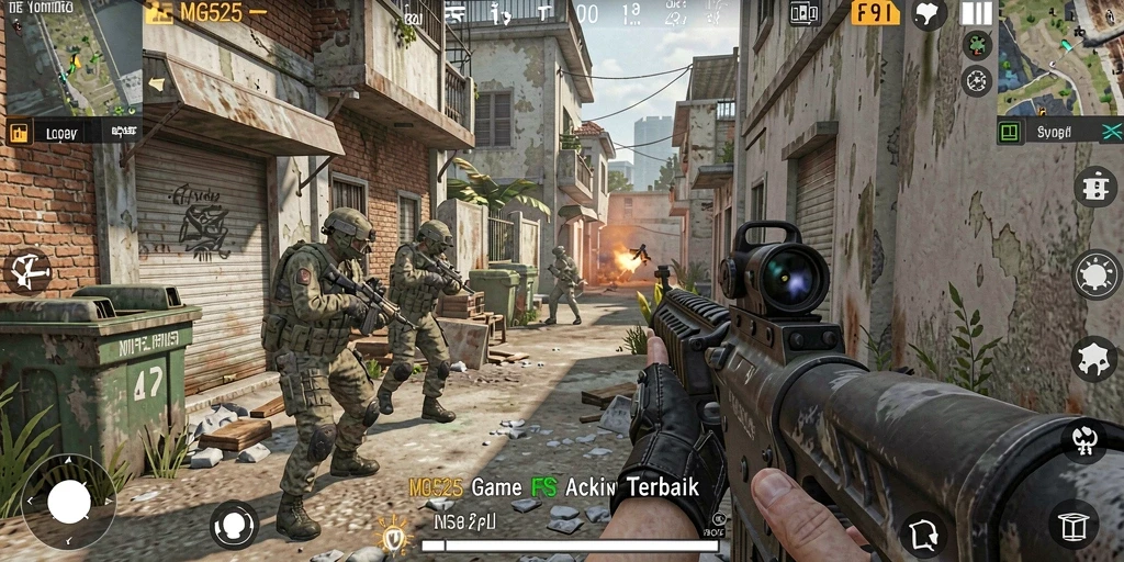 Tampilan gameplay MG525 menampilkan aksi menembak yang intens.