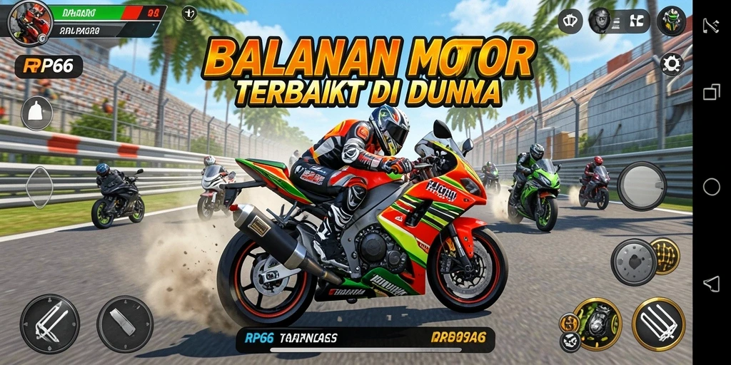 Gameplay seru RP66 dengan motor balap cepat dan lintasan beragam.