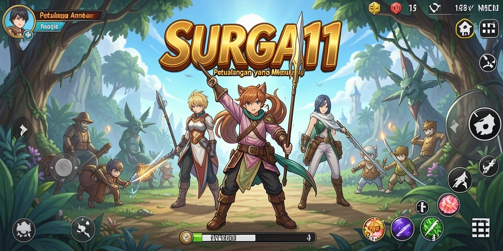 Tangkapan layar SURGA11 menampilkan aksi seru dan karakter anime yang menarik.