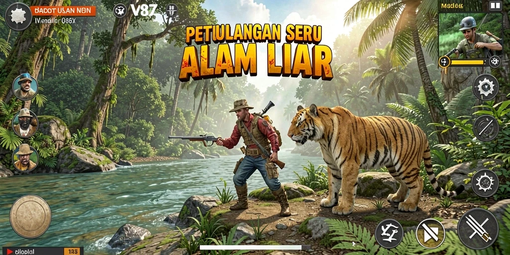 Screenshot V87 menampilkan pemain menjelajahi hutan yang rimbun dengan berbagai tantangan.