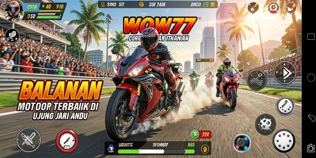 Tangkapan layar <strong>WOW77</strong> menampilkan aksi balapan motor yang menegangkan.